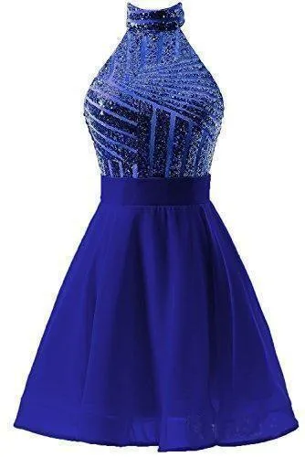 A-Line Halter Short Pink Chiffon Homecoming/Cocktail Dress with Sequins PD064