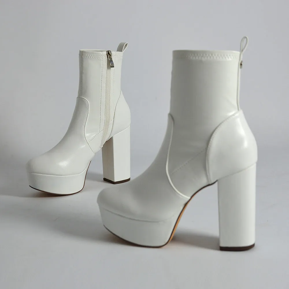 Sunny Platform Sock Ankle Boots Chunky Heeled Vegan Booties In White Synthetic Leather