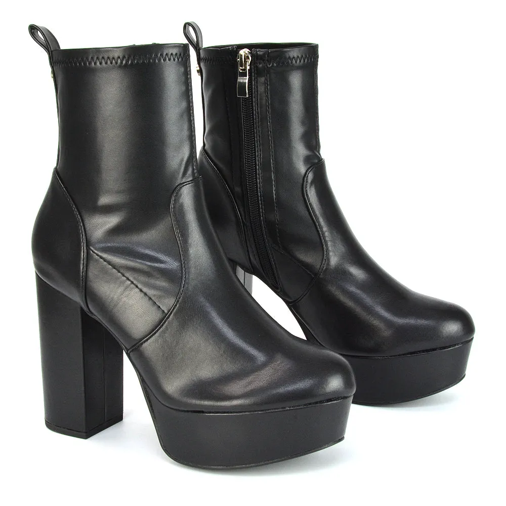Sunny Platform Sock Ankle Boots Chunky Heeled Vegan Booties In White Synthetic Leather