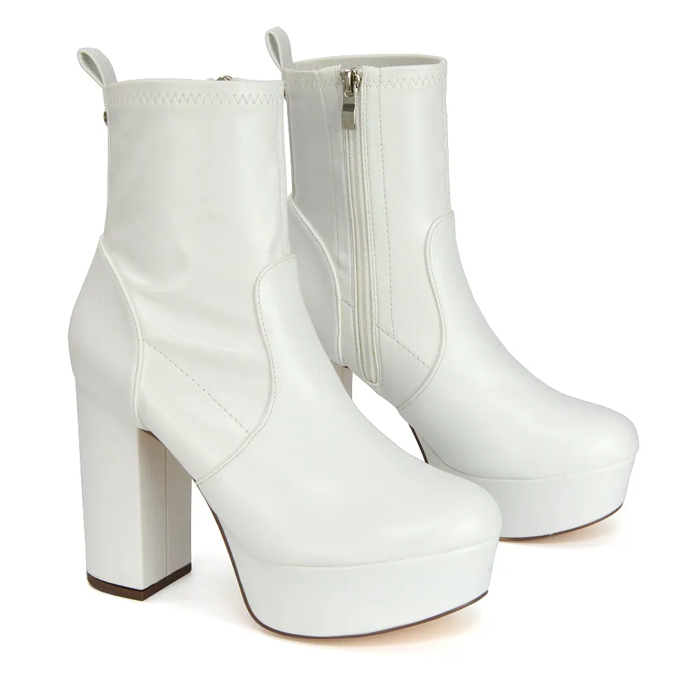 Sunny Platform Sock Ankle Boots Chunky Heeled Vegan Booties In White Synthetic Leather