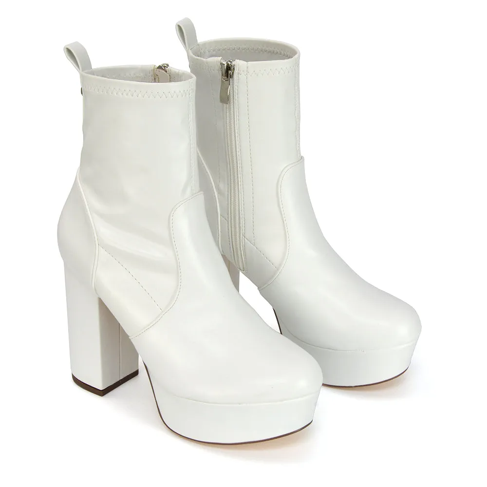 Sunny Platform Sock Ankle Boots Chunky Heeled Vegan Booties In White Synthetic Leather
