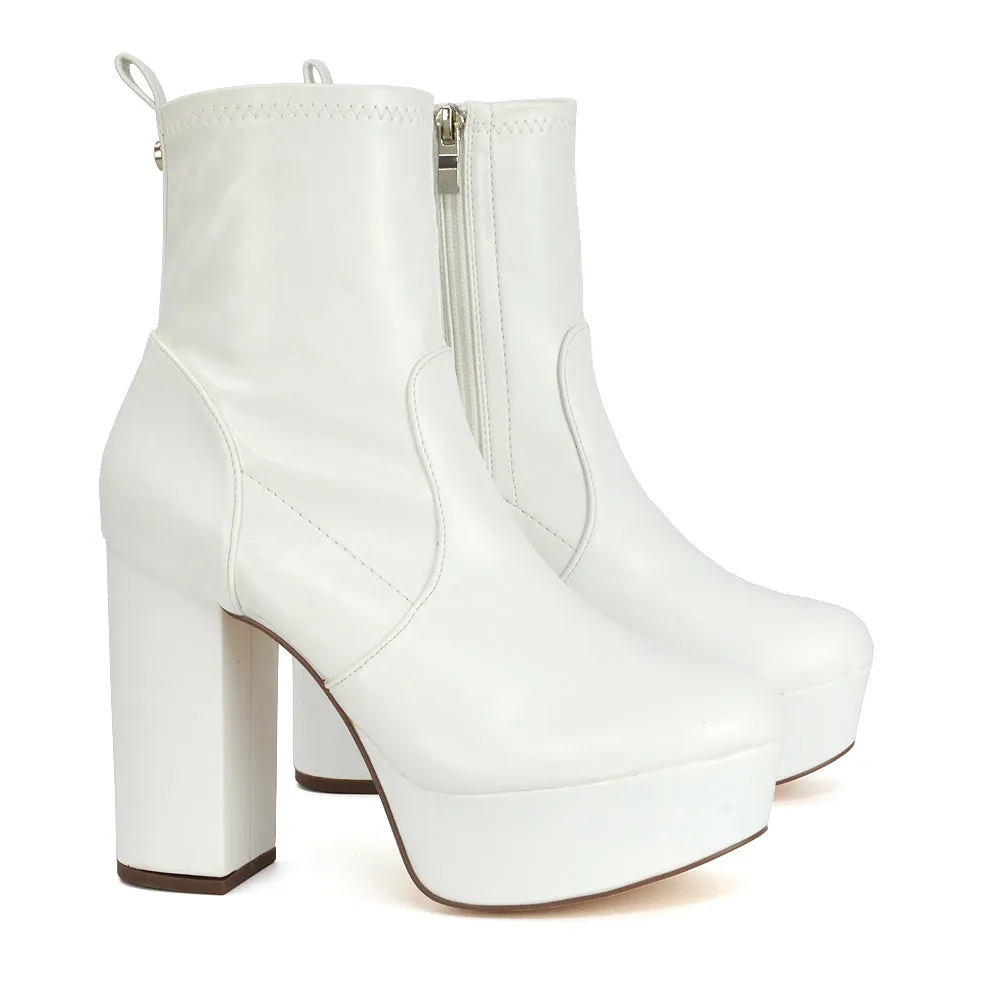 Sunny Platform Sock Ankle Boots Chunky Heeled Vegan Booties In White Synthetic Leather